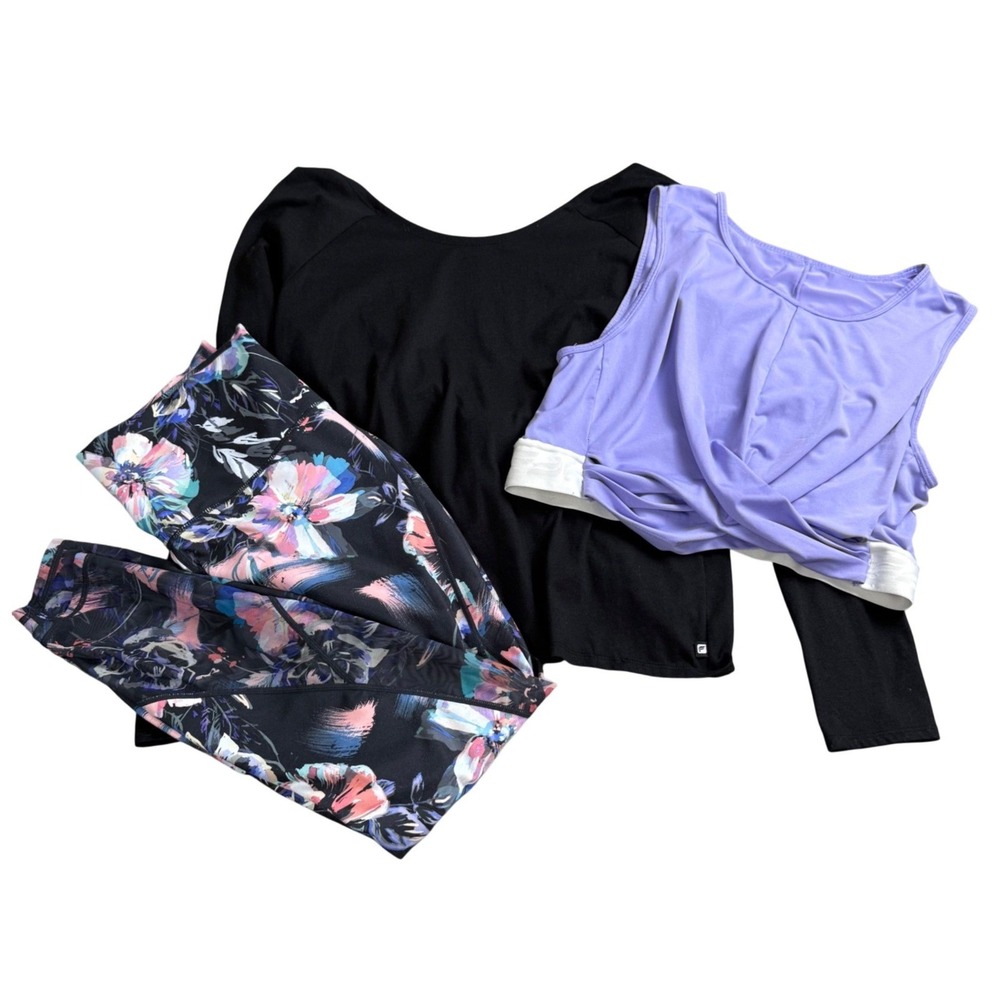 Fabletics Activewear Set Women @Large Purple Floral Twist Top Leggings Crop Tank
